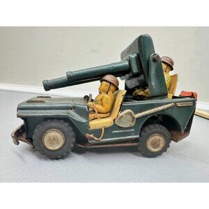 Vintage Friction Motor Toy Army Jeep Cannons Artillery Japan Pressed Metal Old